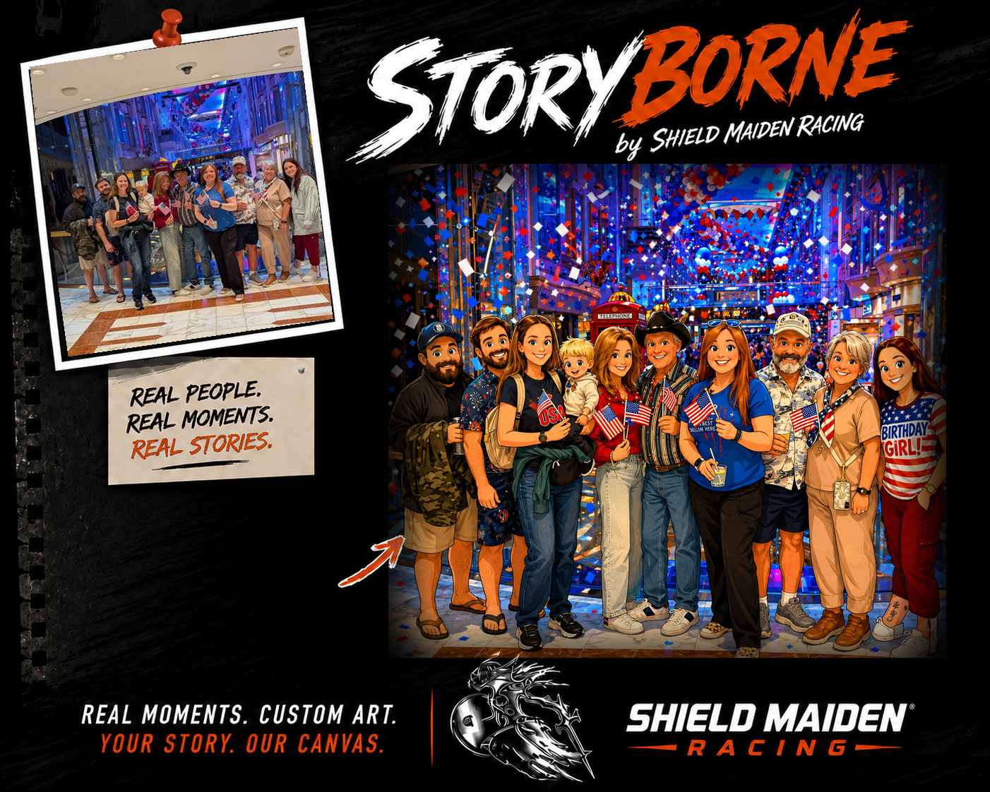 Storyborne family portrait artwork from a Fourth of July cruise photograph